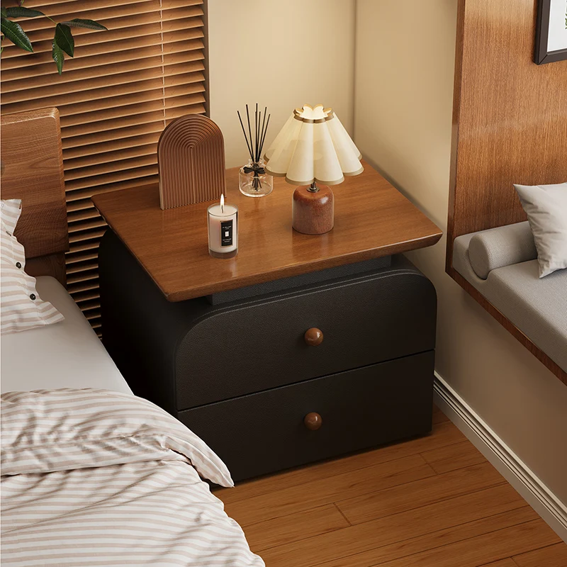 Contemporary Nordic Solid Wood & Plywood Board Faux Leather Rectangular Nightstand With 2 Drawers For Bedroom