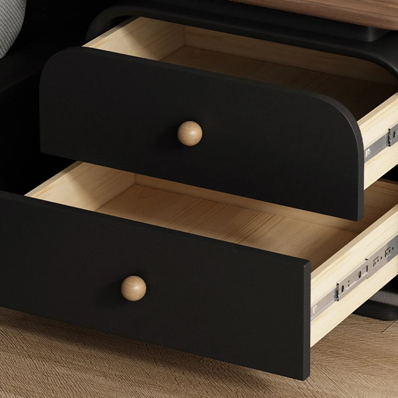 Contemporary Nordic Solid Wood & Plywood Board Faux Leather Rectangular Nightstand With 2 Drawers For Bedroom
