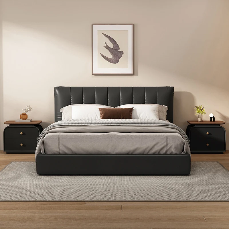 Contemporary Nordic Solid Wood & Plywood Board Faux Leather Rectangular Nightstand With 2 Drawers For Bedroom