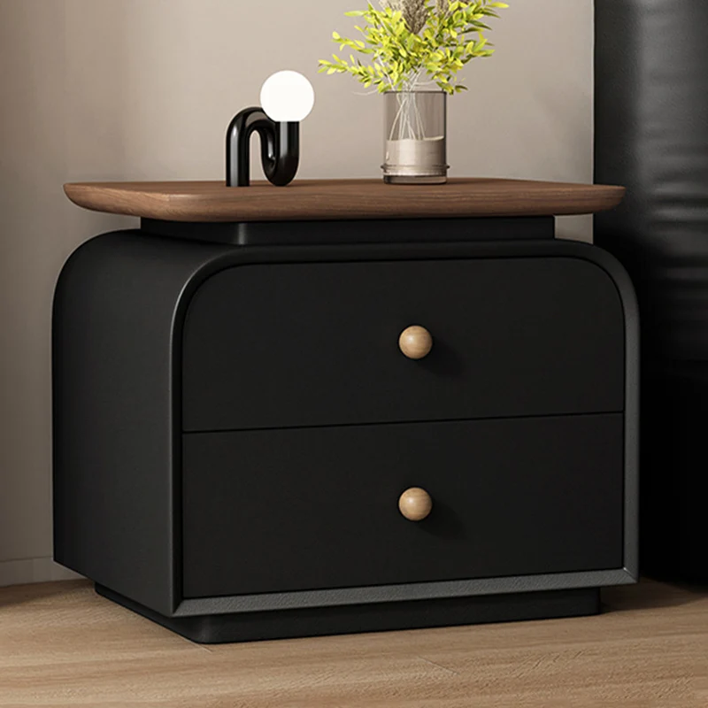 Contemporary Nordic Solid Wood & Plywood Board Faux Leather Rectangular Nightstand With 2 Drawers For Bedroom