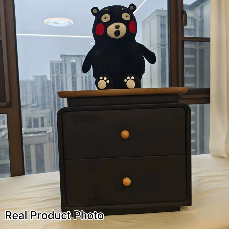 Contemporary Nordic Solid Wood & Plywood Board Faux Leather Rectangular Nightstand With 2 Drawers For Bedroom