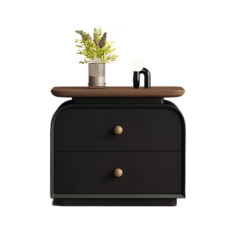 Contemporary Nordic Solid Wood & Plywood Board Faux Leather Rectangular Nightstand With 2 Drawers For Bedroom