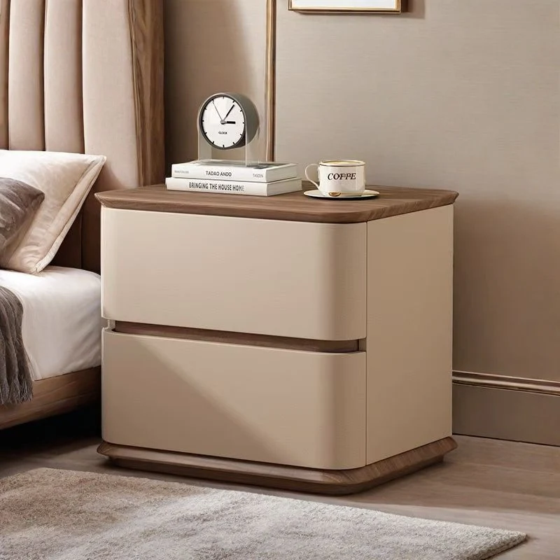 Contemporary Nordic Pine Wood Plywood Faux Leather Rectangular Nightstand With 2 Drawers For Bedroom