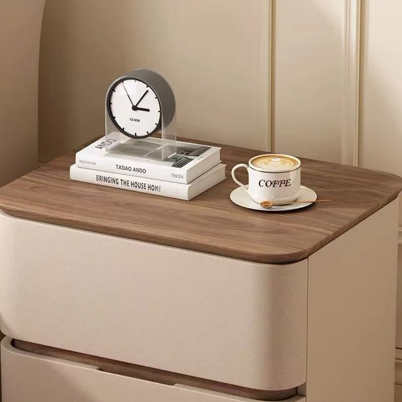 Contemporary Nordic Pine Wood Plywood Faux Leather Rectangular Nightstand With 2 Drawers For Bedroom