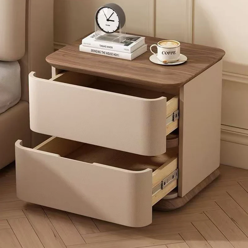 Contemporary Nordic Pine Wood Plywood Faux Leather Rectangular Nightstand With 2 Drawers For Bedroom