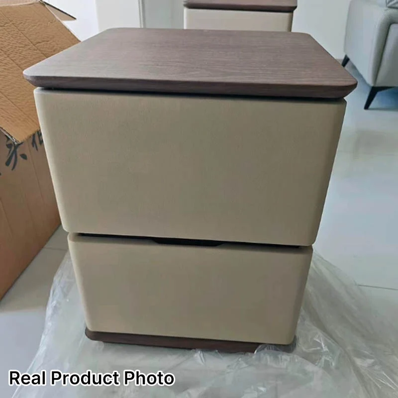Contemporary Nordic Pine Wood Plywood Faux Leather Rectangular Nightstand With 2 Drawers For Bedroom