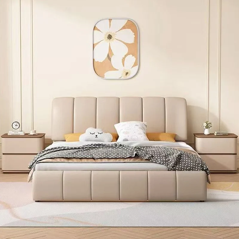 Contemporary Nordic Pine Wood Plywood Faux Leather Rectangular Nightstand With 2 Drawers For Bedroom