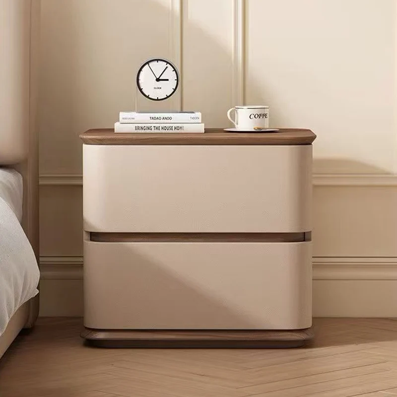 Contemporary Nordic Pine Wood Plywood Faux Leather Rectangular Nightstand With 2 Drawers For Bedroom