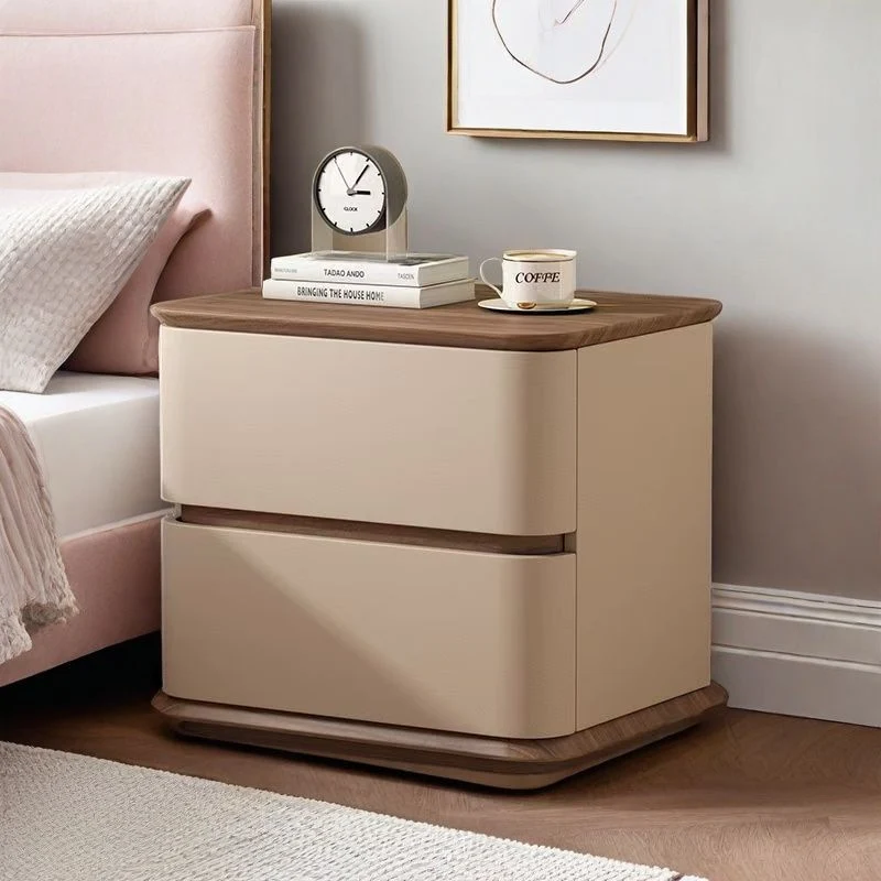 Contemporary Nordic Pine Wood Plywood Faux Leather Rectangular Nightstand With 2 Drawers For Bedroom