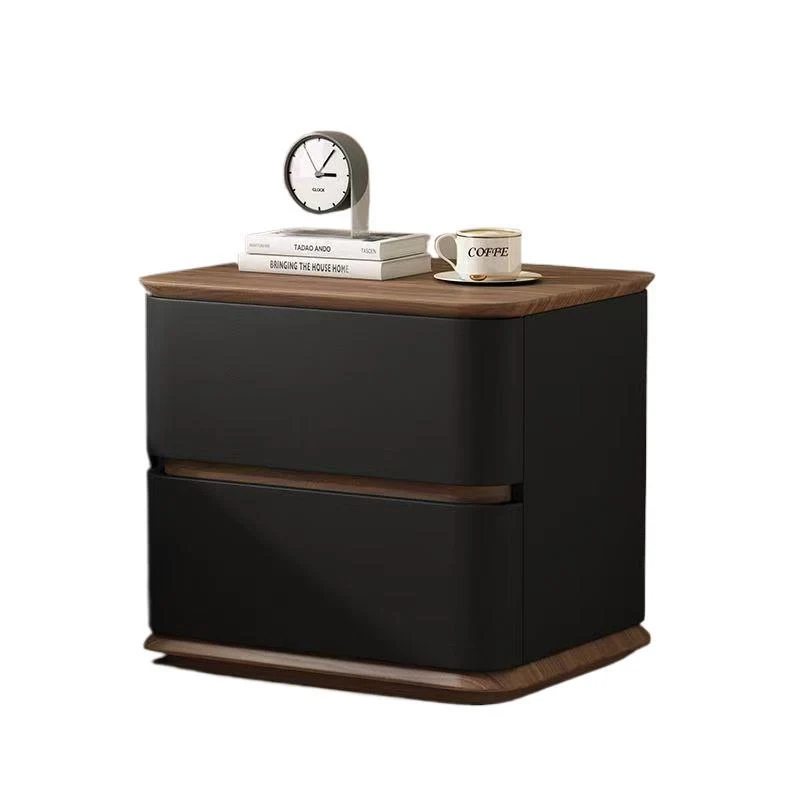 Contemporary Nordic Pine Wood Plywood Faux Leather Rectangular Nightstand With 2 Drawers For Bedroom
