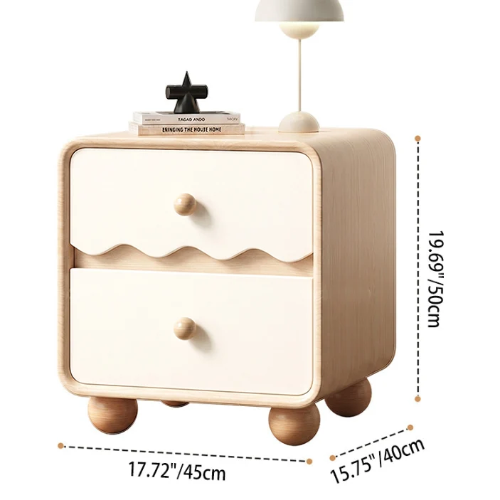 Contemporary Nordic Pine Wood Plywood Cat Scratch Leather Rectangular Nightstand 2-Drawer For Living Room And Bedroom