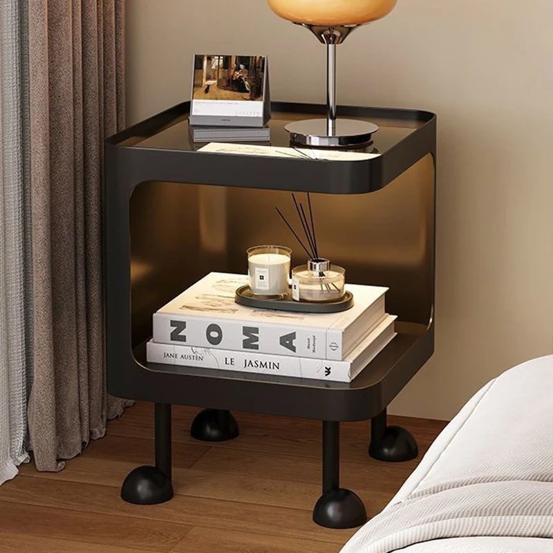 Contemporary Scandinavian Glass Square Nightstand Carbon Steel Frame 2-Tier Side Table For Living Room & Bedroom