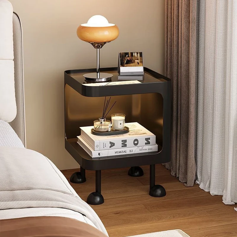 Contemporary Scandinavian Glass Square Nightstand Carbon Steel Frame 2-Tier Side Table For Living Room & Bedroom