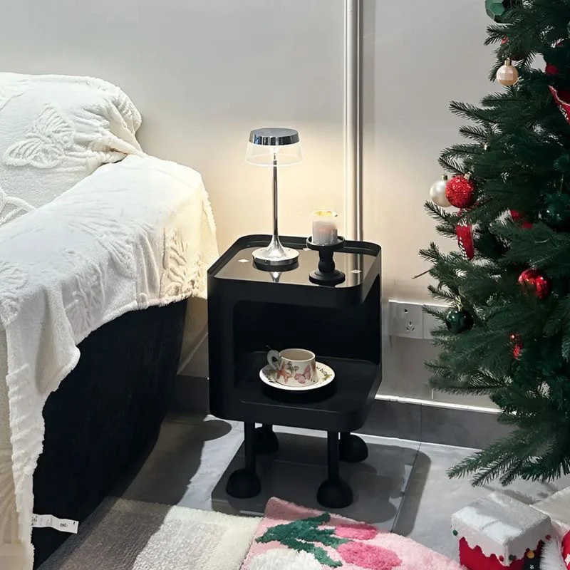 Contemporary Scandinavian Glass Square Nightstand Carbon Steel Frame 2-Tier Side Table For Living Room & Bedroom