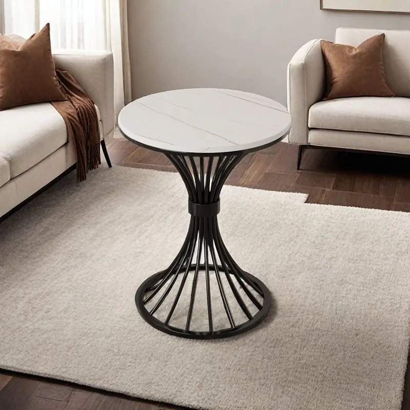 Modern Minimalist Sintered Stone Round Side Table Carbon Steel Base 1-Tier For Living Room & Bedroom