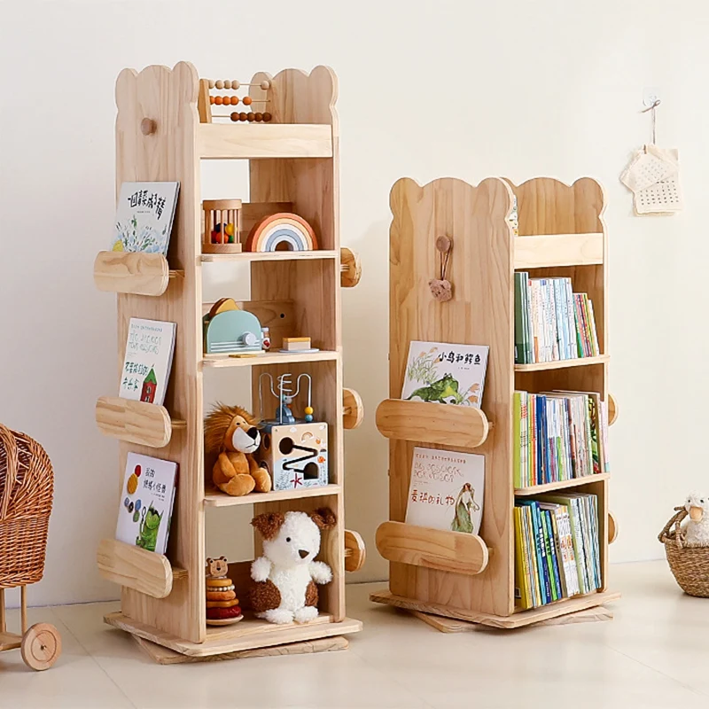 Modern Minimalist Kids Pine Wood Rectangular Bookshelf Swivel 4/5 Tiers For Living Room & Bedroom