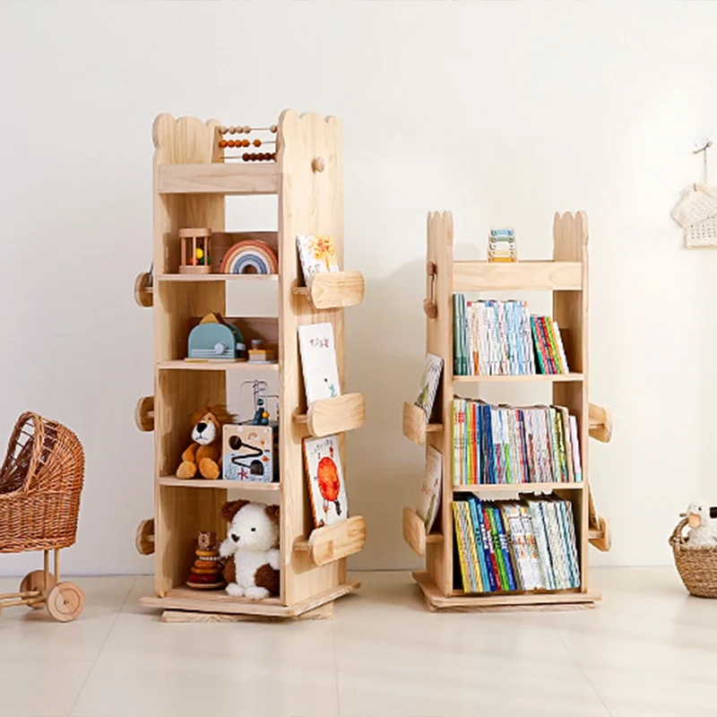 Modern Minimalist Kids Pine Wood Rectangular Bookshelf Swivel 4/5 Tiers For Living Room & Bedroom