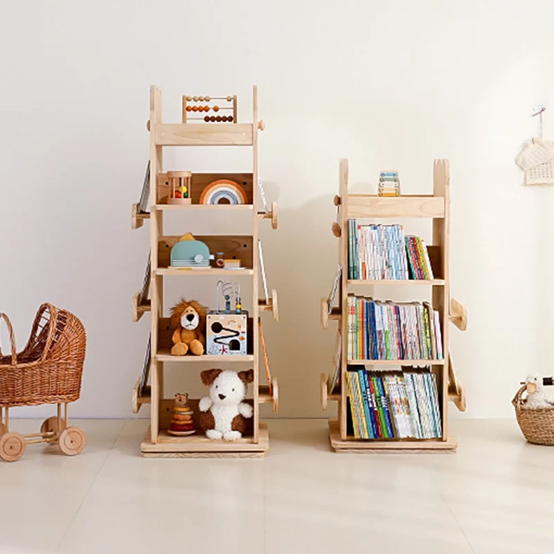 Modern Minimalist Kids Pine Wood Rectangular Bookshelf Swivel 4/5 Tiers For Living Room & Bedroom
