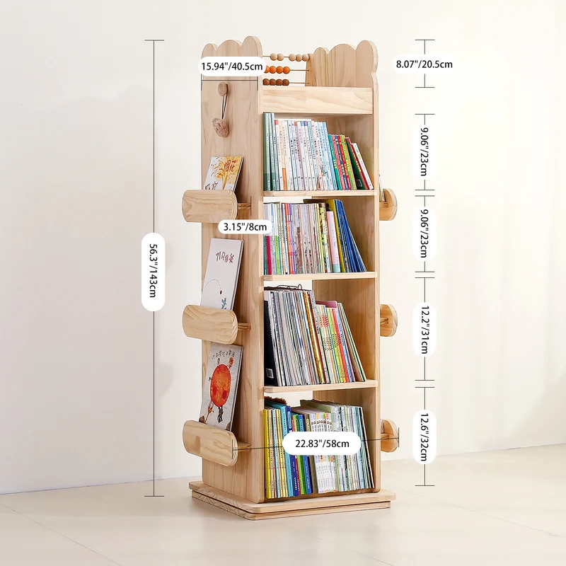 Modern Minimalist Kids Pine Wood Rectangular Bookshelf Swivel 4/5 Tiers For Living Room & Bedroom