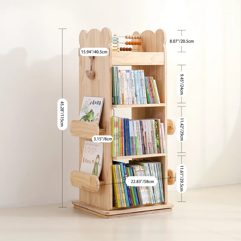 Modern Minimalist Kids Pine Wood Rectangular Bookshelf Swivel 4/5 Tiers For Living Room & Bedroom