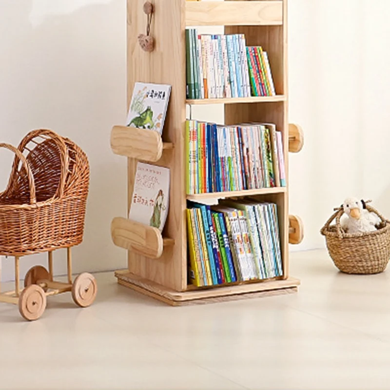 Modern Minimalist Kids Pine Wood Rectangular Bookshelf Swivel 4/5 Tiers For Living Room & Bedroom
