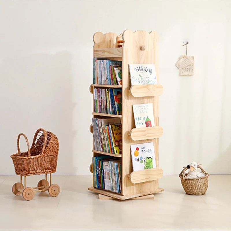 Modern Minimalist Kids Pine Wood Rectangular Bookshelf Swivel 4/5 Tiers For Living Room & Bedroom