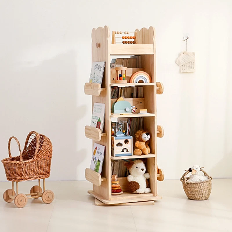 Modern Minimalist Kids Pine Wood Rectangular Bookshelf Swivel 4/5 Tiers For Living Room & Bedroom
