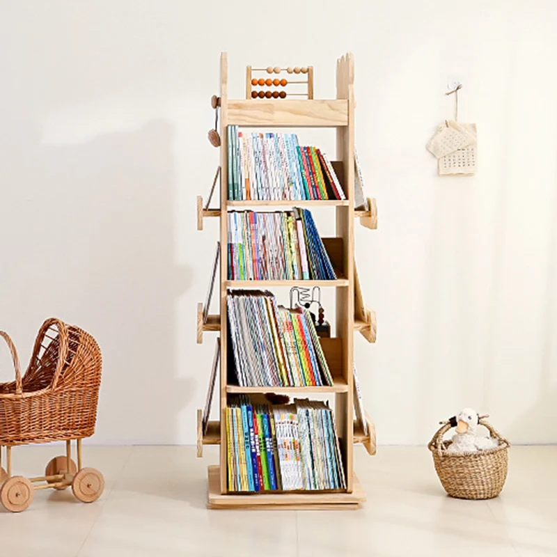 Modern Minimalist Kids Pine Wood Rectangular Bookshelf Swivel 4/5 Tiers For Living Room & Bedroom