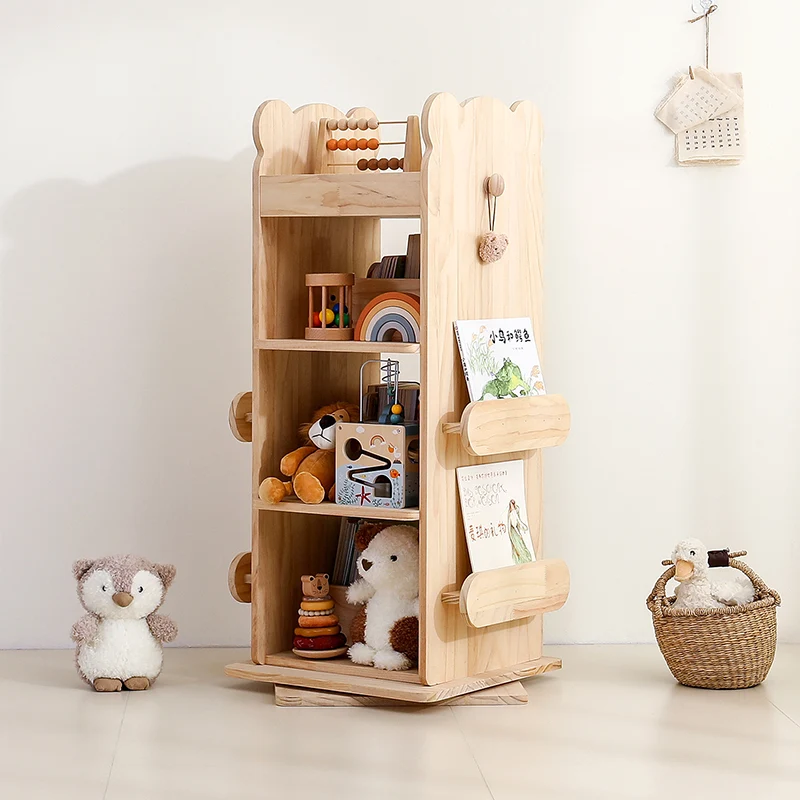 Modern Minimalist Kids Pine Wood Rectangular Bookshelf Swivel 4/5 Tiers For Living Room & Bedroom