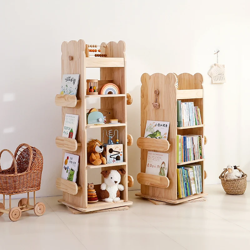 Modern Minimalist Kids Pine Wood Rectangular Bookshelf Swivel 4/5 Tiers For Living Room & Bedroom