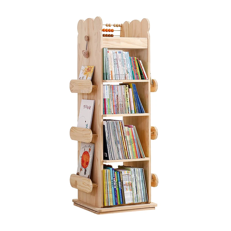 Modern Minimalist Kids Pine Wood Rectangular Bookshelf Swivel 4/5 Tiers For Living Room & Bedroom