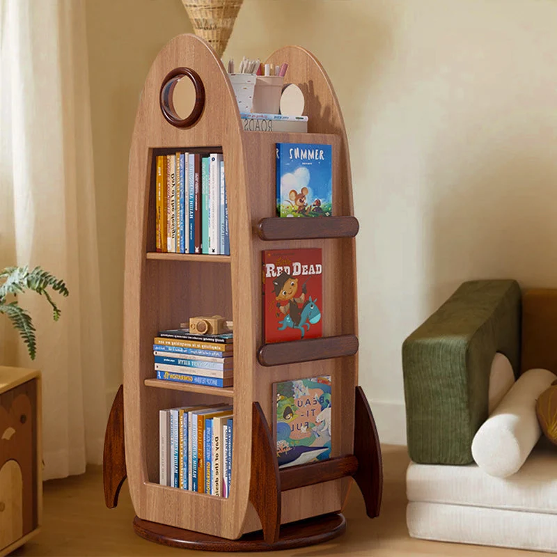 Contemporary Creative Solid Wood Hardware Plastic Rocket-Shaped Swivel Bookshelf With 4-Tier Storage For Living Room & Bedroom