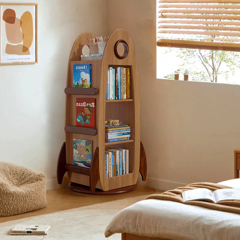 Contemporary Creative Solid Wood Hardware Plastic Rocket-Shaped Swivel Bookshelf With 4-Tier Storage For Living Room & Bedroom