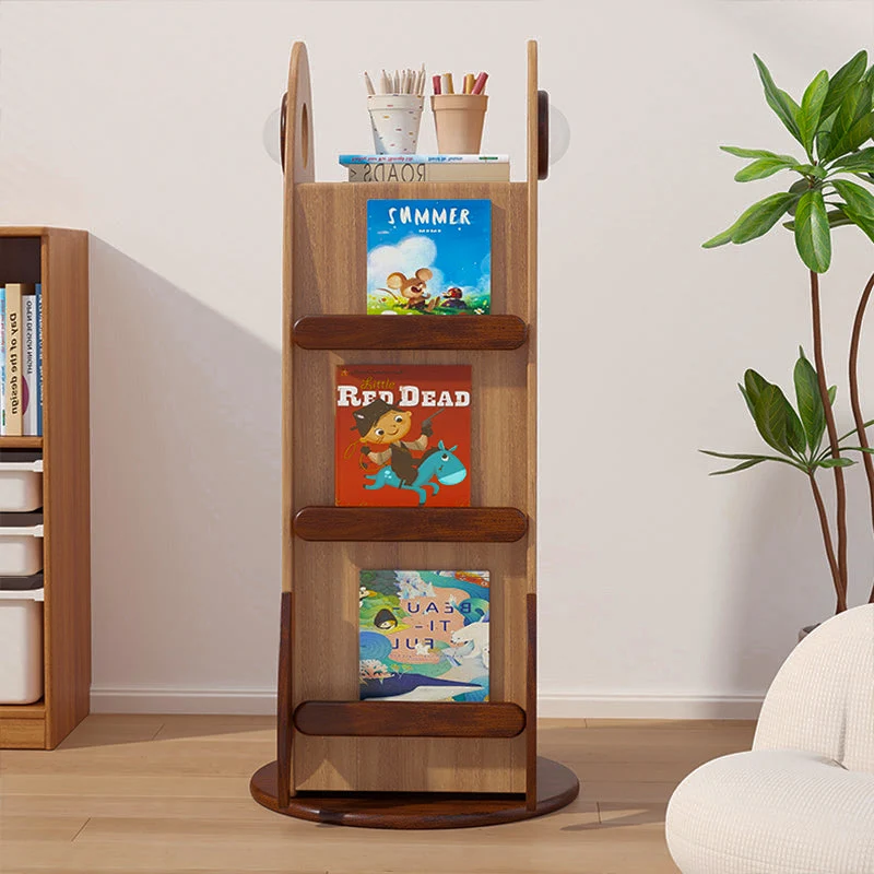Contemporary Creative Solid Wood Hardware Plastic Rocket-Shaped Swivel Bookshelf With 4-Tier Storage For Living Room & Bedroom