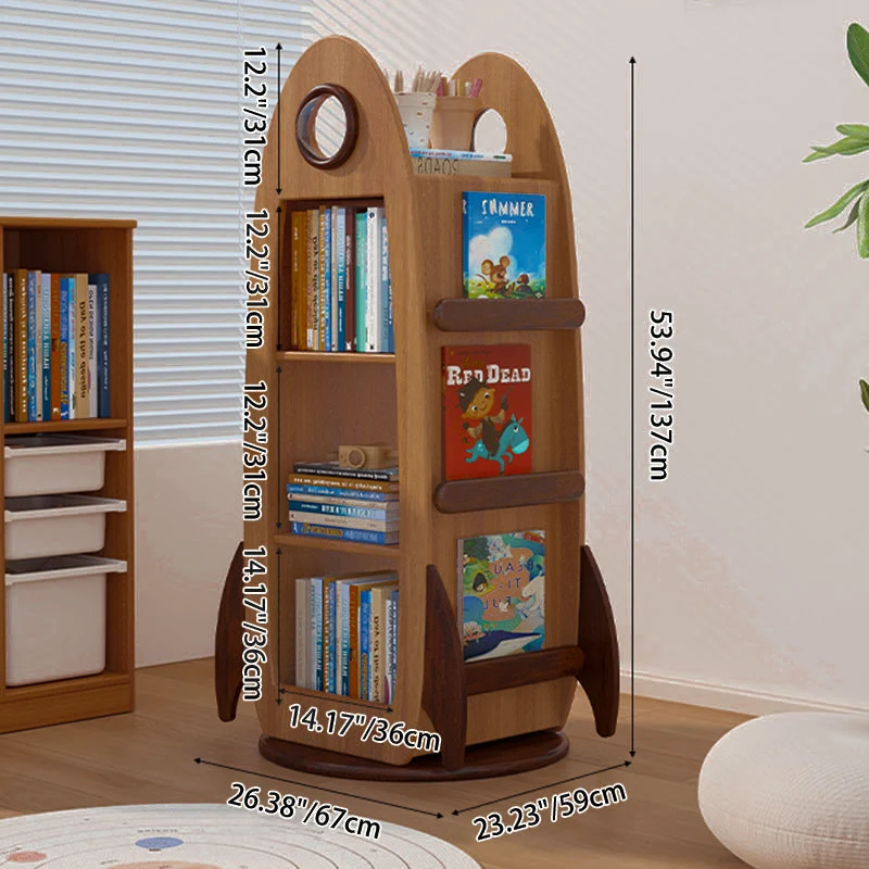 Contemporary Creative Solid Wood Hardware Plastic Rocket-Shaped Swivel Bookshelf With 4-Tier Storage For Living Room & Bedroom