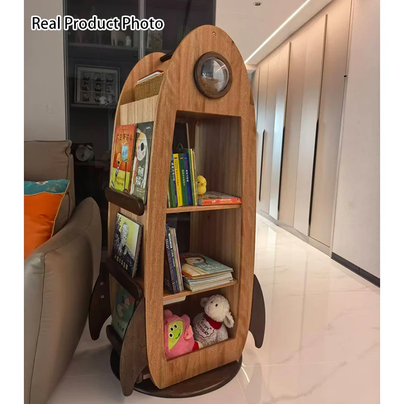 Contemporary Creative Solid Wood Hardware Plastic Rocket-Shaped Swivel Bookshelf With 4-Tier Storage For Living Room & Bedroom