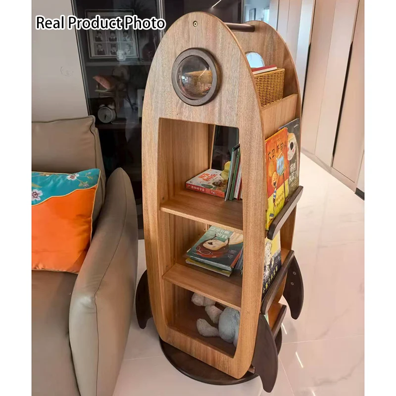 Contemporary Creative Solid Wood Hardware Plastic Rocket-Shaped Swivel Bookshelf With 4-Tier Storage For Living Room & Bedroom