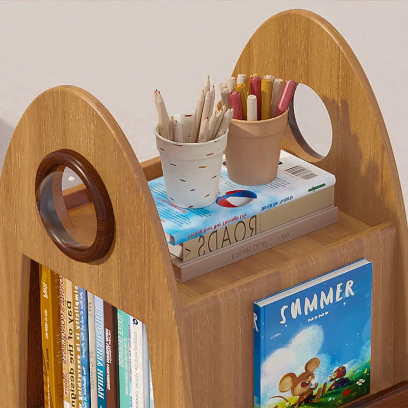 Contemporary Creative Solid Wood Hardware Plastic Rocket-Shaped Swivel Bookshelf With 4-Tier Storage For Living Room & Bedroom