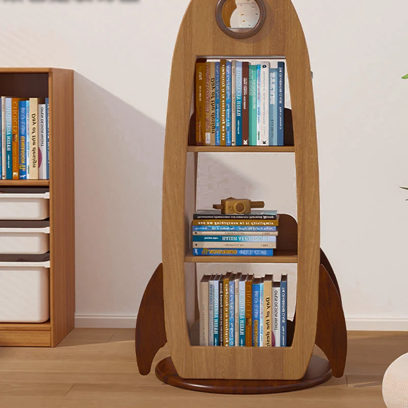 Contemporary Creative Solid Wood Hardware Plastic Rocket-Shaped Swivel Bookshelf With 4-Tier Storage For Living Room & Bedroom