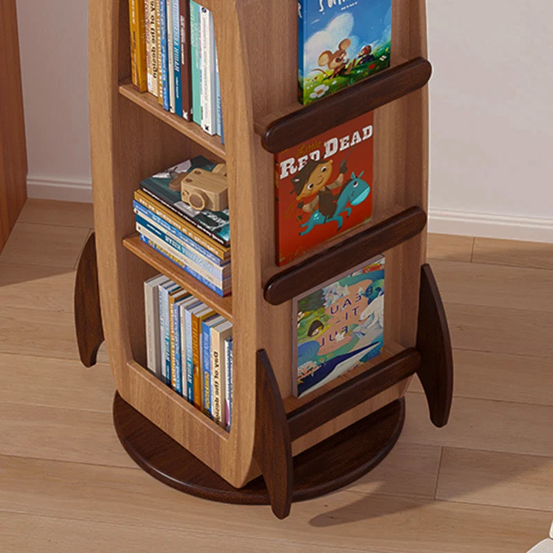 Contemporary Creative Solid Wood Hardware Plastic Rocket-Shaped Swivel Bookshelf With 4-Tier Storage For Living Room & Bedroom