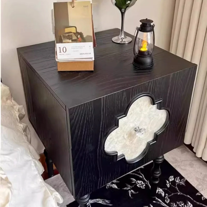 Traditional Chinese Ash Wood Square Nightstand Solid Wood Multi-Layer Board Storage Cabinet With Crystal Accents For Bedroom & Living Room