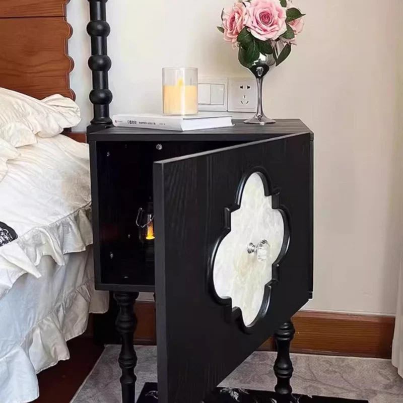 Traditional Chinese Ash Wood Square Nightstand Solid Wood Multi-Layer Board Storage Cabinet With Crystal Accents For Bedroom & Living Room