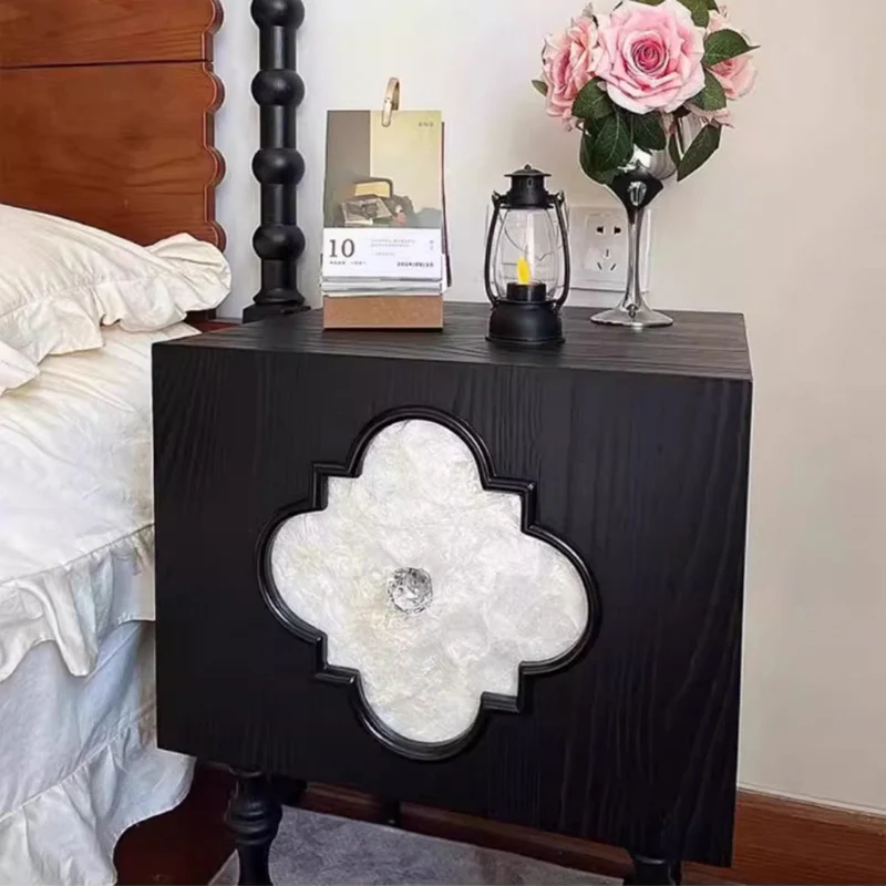 Traditional Chinese Ash Wood Square Nightstand Solid Wood Multi-Layer Board Storage Cabinet With Crystal Accents For Bedroom & Living Room