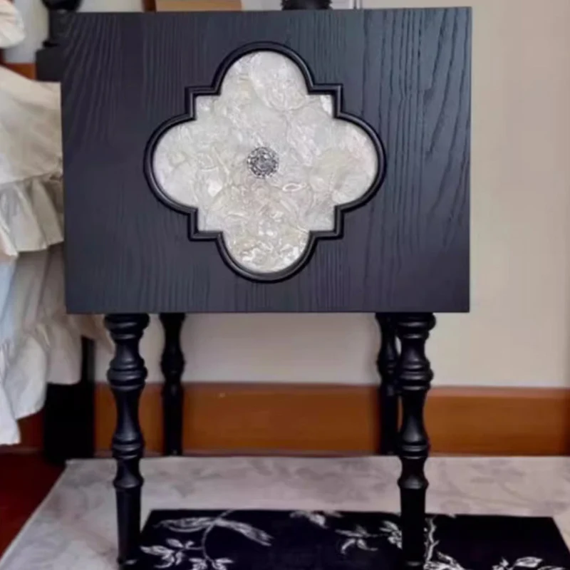 Traditional Chinese Ash Wood Square Nightstand Solid Wood Multi-Layer Board Storage Cabinet With Crystal Accents For Bedroom & Living Room