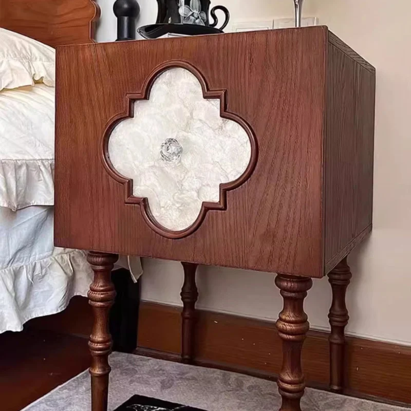 Traditional Chinese Ash Wood Square Nightstand Solid Wood Multi-Layer Board Storage Cabinet With Crystal Accents For Bedroom & Living Room