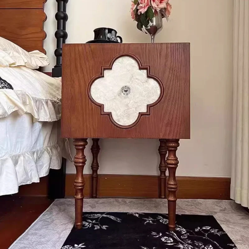 Traditional Chinese Ash Wood Square Nightstand Solid Wood Multi-Layer Board Storage Cabinet With Crystal Accents For Bedroom & Living Room