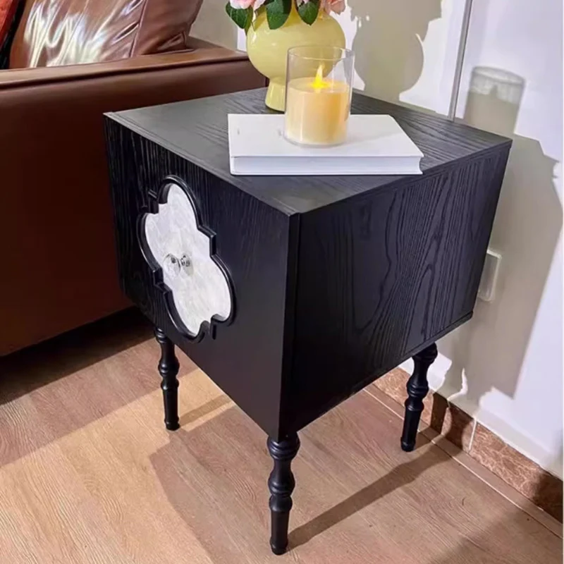 Traditional Chinese Ash Wood Square Nightstand Solid Wood Multi-Layer Board Storage Cabinet With Crystal Accents For Bedroom & Living Room