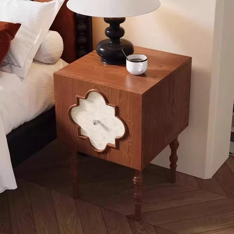Traditional Chinese Ash Wood Square Nightstand Solid Wood Multi-Layer Board Storage Cabinet With Crystal Accents For Bedroom & Living Room