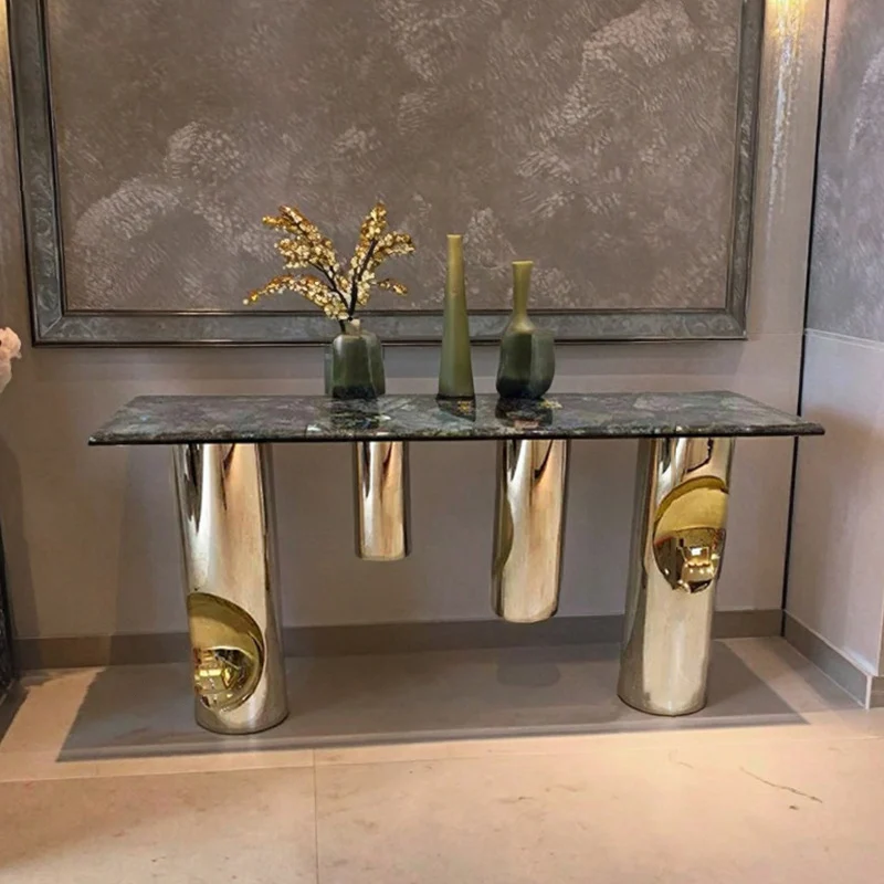 Contemporary Nordic Stainless Steel & Marble Rectangular Console Table With Single Shelf For Entryway, Living Room & Bedroom