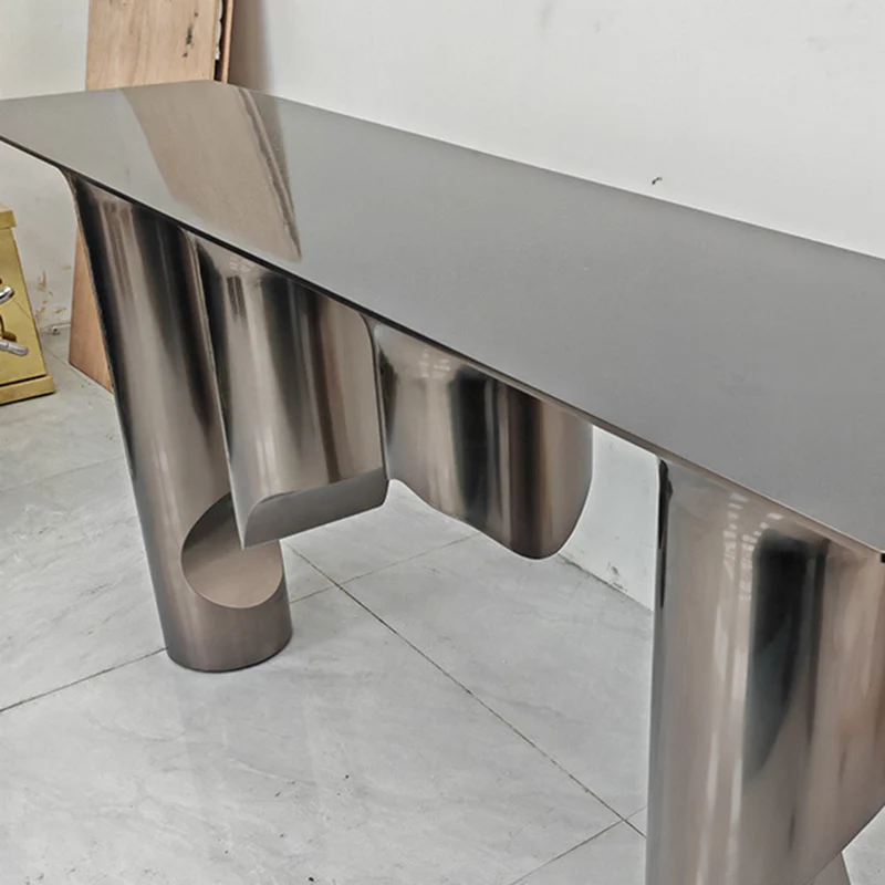 Contemporary Nordic Stainless Steel & Marble Rectangular Console Table With Single Shelf For Entryway, Living Room & Bedroom